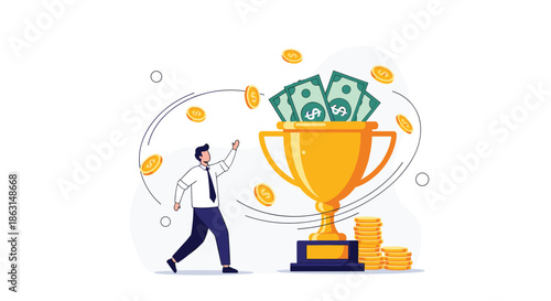 Businessman running towards a giant golden trophy filled with dollar bills representing wealth, financial success, and motivation.