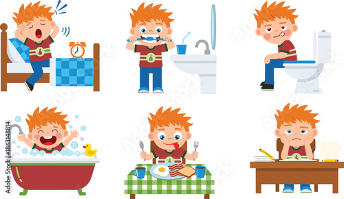 Cute boy daily routine activities illustration set, morning hygiene, bathroom habits, eating, studying, sleeping, kids lifestyle