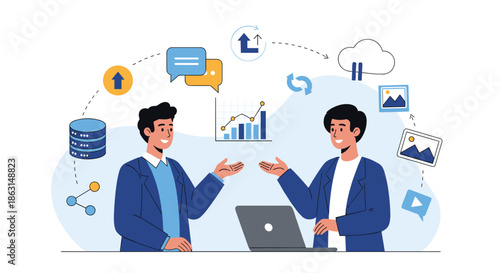 Two professional men having a conversation surrounded by digital data icons like cloud storage, video, and graph analysis.