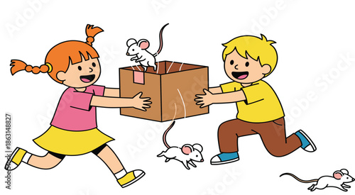 Cute cartoon vector illustration of a happy young boy and girl with pigtails holding a cardboard box with jumping white mice.