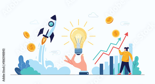 Conceptual illustration showing a rocket launch, a glowing lightbulb, and a rising graph representing startup success and innovation.