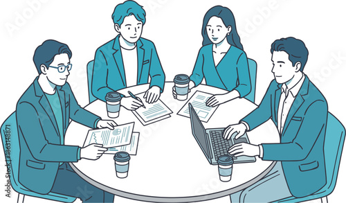円卓で話し合うビジネスチームの会議イラスト_協力・打ち合わせ