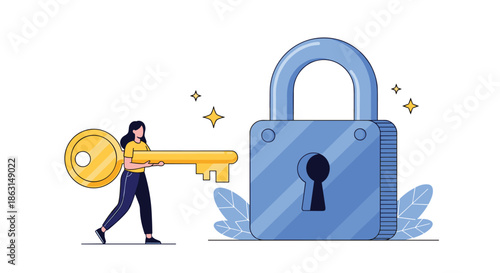 Determined woman carrying a large golden key towards a massive blue padlock symbolizing security, problem-solving, and unlocking potential.