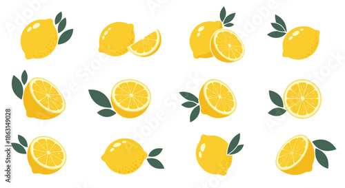 Collection of lemon fruit icons showing whole fruit and slices with green leaves for fresh citrus and summer themes.
