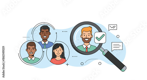 Human resources concept showing a magnifying glass focusing on a selected male candidate among a group of diverse job applicants.
