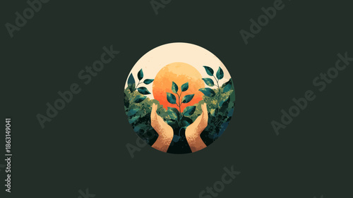 Hands nurturing a small plant under a glowing sun, surrounded by lush green foliage, symbolizing environmental care, growth, and hope.
