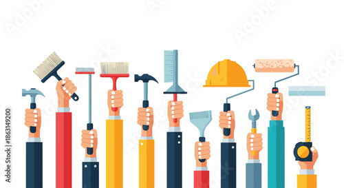Many hands holding various repair and construction tools like hammer brush screwdriver and tape measure for DIY concepts.