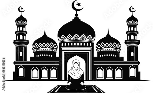 Black and white vector illustration of a mosque with domes and minarets and a woman in hijab praying on a rug.