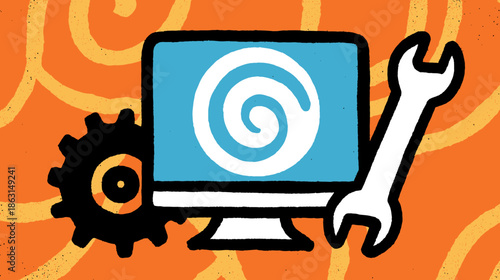 Technical Support and System Maintenance Illustration. Digital Repair Concept with Computer Monitor, Wrench, Gear, Spiral Icon.