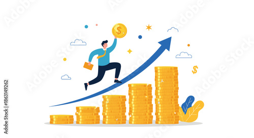 Motivated businessman climbs up stacks of gold coins following rising arrow to achieve high financial growth.