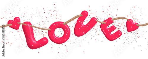 A 3D pink heart strung on a string with the word LOVE followed by a bright, transparent heart.