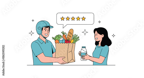 Delivery courier hands over paper bag of groceries to happy customer with five star rating for great service.