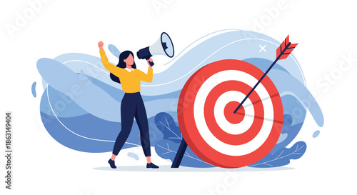 Confident woman shouts through megaphone towards large target with arrow in bullseye for marketing success.