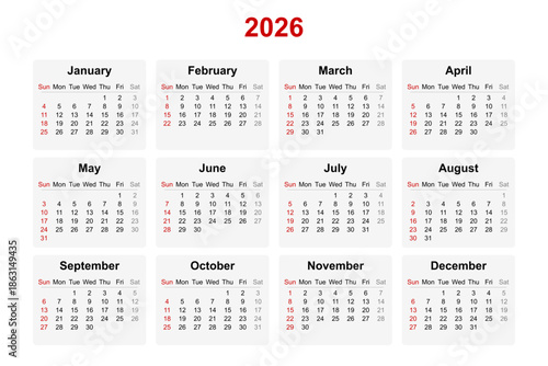 Vector illustration of English calendar for year 2026. Sunday as first day of week