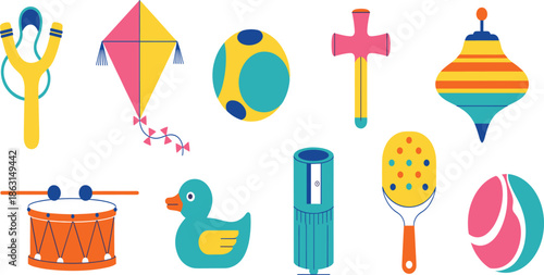 Vector illustration set of colorful toys and stationery featuring a slingshot kite ball drum rubber duck pencil sharpener and spinning top icons.