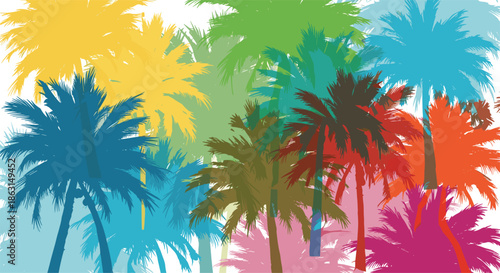 Artistic background with overlapping colorful silhouettes of palm trees for tropical summer and vacation concepts.