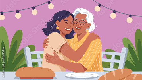 Smiling women share a warm hug at a festive garden party decorated with string lights and bread