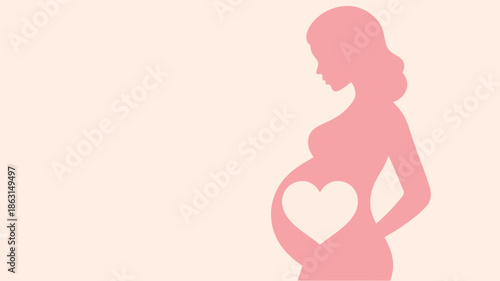 Pink silhouette of a pregnant woman with a heart shape on her belly symbolizing love and motherhood