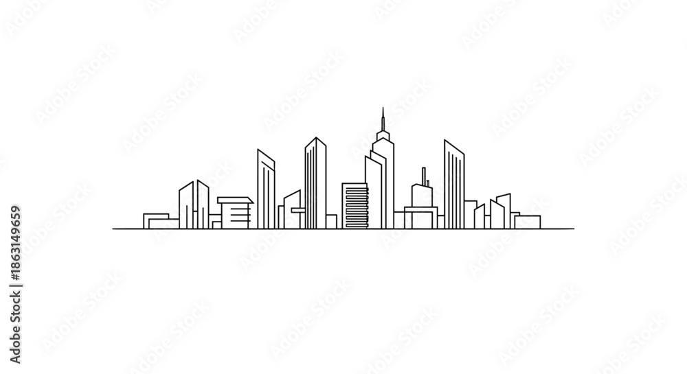 Obraz premium Continuous line drawing of a modern city skyline showing various skyscrapers and buildings for urban architecture design.