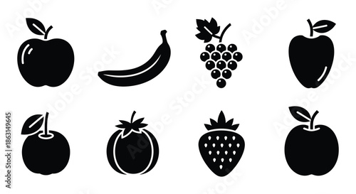 A collection of various black silhouette fruit icons displayed in a single row