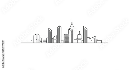 Continuous line drawing of a modern city skyline showing various skyscrapers and buildings for urban architecture design.