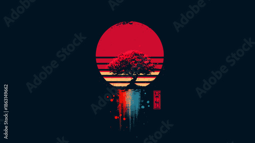 Retro Wave Digital Art with Silhouette Tree, Vibrant Red Sun, and Abstract Gradient Splash on a Dark Background