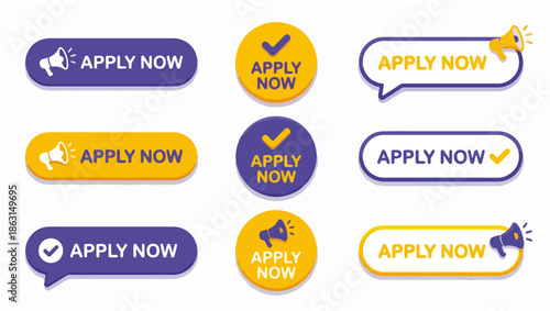 Apply Now, Bold Call-to-Action Graphic Design,apply now buttons, CTA buttons, call to action, promotional buttons, modern design, playful buttons, purple yellow white, stylized buttons, speech bubble,