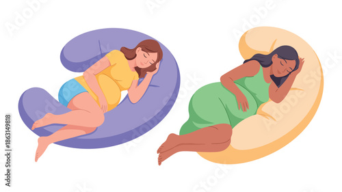 Two expectant mothers comfortably sleeping on special body pillows providing great prenatal support