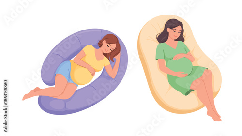 Two happy pregnant women finding comfortable sleep positions on special body support pillows