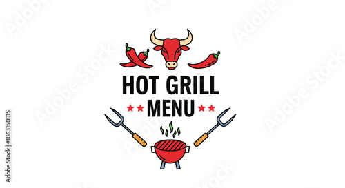 Hot grill menu logo featuring a bull head red chili peppers and a charcoal grill for spicy barbecue restaurants.
