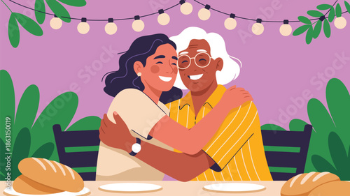 Two smiling women share a heartfelt embrace at an outdoor dinner gathering under charming string lights