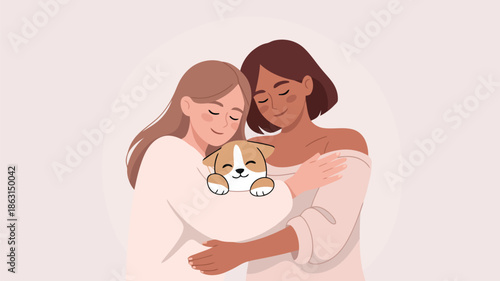 Two women with different skin tones lovingly embrace a tiny, happy, brown and white puppy