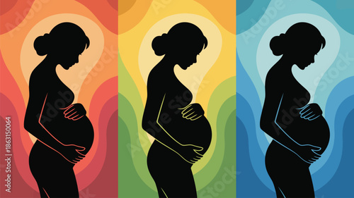 Three silhouettes of pregnant women against colorful wavy backgrounds depicting different stages