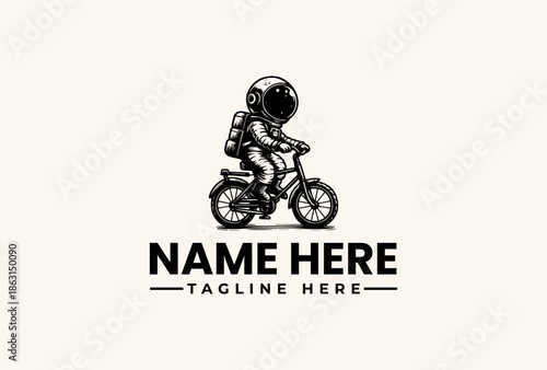 A black and white vector illustration of an astronaut riding a motorcycle with a helmet, against a clean white background, featuring a logo and tagline placeholder in a modern graphic