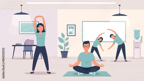 Office Wellness Employees Practicing Yoga and Stretching in a Modern Workspace