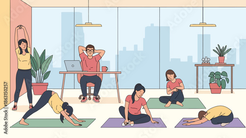 Office Wellness Diverse Team Practicing Yoga and Stretching in Modern Workplace