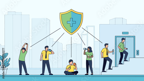 Healthy Workplace Initiative Employees Practicing Wellness Activities Under Protection Shield