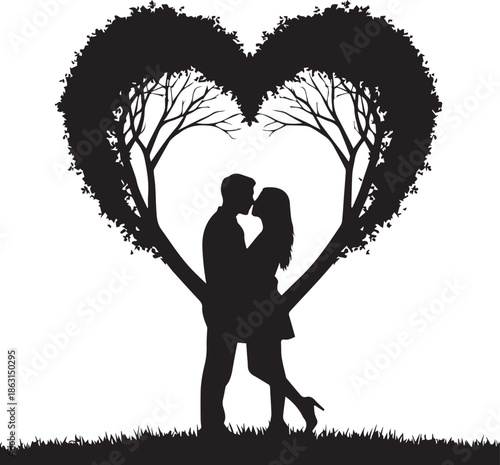 PRomantic silhouette of loving couple embracing under heart shaped treesrint