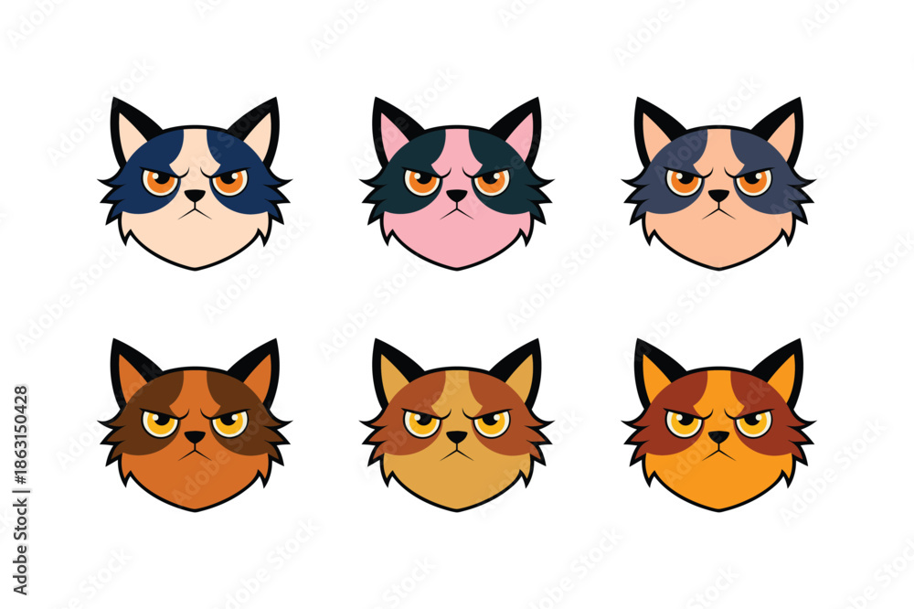 Fototapeta premium Multicolor grumpy kitten emblem pack with cute angry faces for kids brand logo design Vector illustration