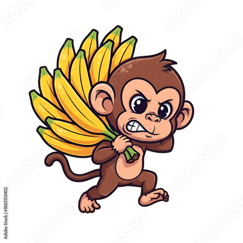 Happy Cartoon Monkey Holding Bunch of Bananas