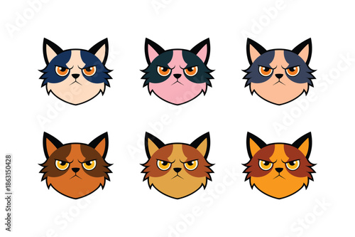 Multicolor grumpy kitten emblem pack with cute angry faces for kids brand logo design Vector illustration