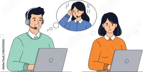 Customer support problem vector illustration showing online help desk agent assisting stressed client during digital communication