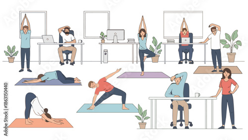 Office Workers Performing Yoga Poses at Desks and on Mats for Wellness Break