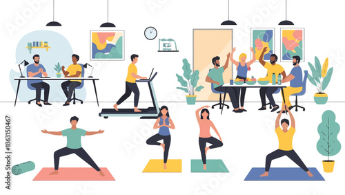 Diverse Colleagues Engaging in Workplace Wellness Activities for Health and Team Building