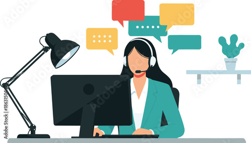 Customer support operator vector illustration with headset computer and chat bubbles representing online service communication