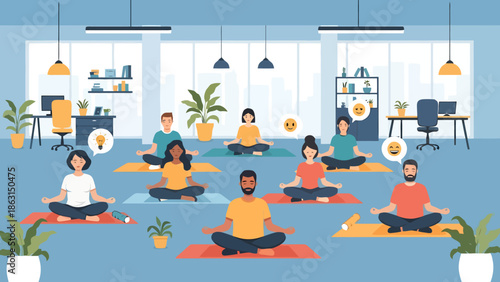 Diverse people meditating in a modern office environment promoting wellness and productivity through mindful practice