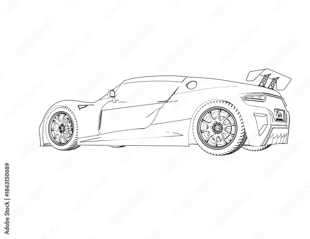 Fototapeta premium High-Performance Electric Coupe Wireframe Illustration: Sleek Side Profile of a Generic EV Concept Car Technical Draft Drawing - Outline Sketch for Clean Energy and Future Transportation Technology.