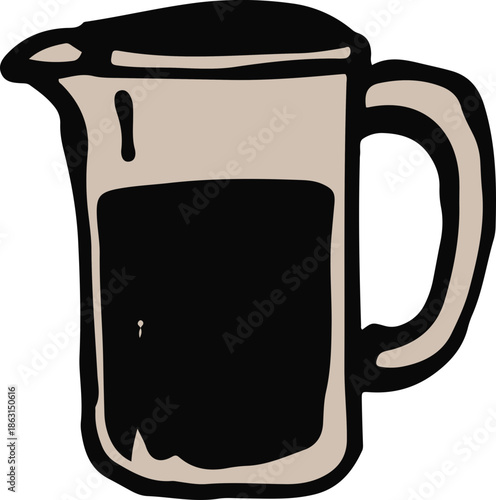 Hand-drawn illustration of a simple coffee pot or pitcher filled with a dark beverage.