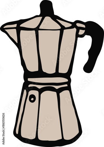 A simple, hand-drawn illustration of a classic stovetop moka pot coffee maker.