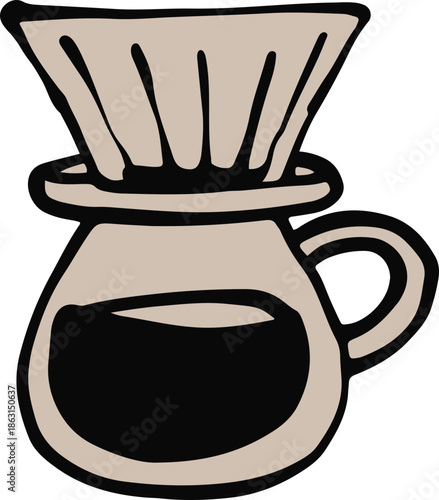 A hand-drawn illustration of a pour-over coffee maker with a filter cone and a carafe filled with freshly brewed coffee.